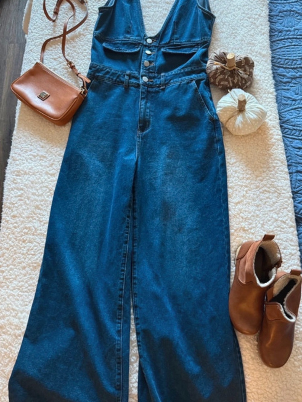 Cider Dark Blue Denim Button-Front Wide-Leg Jumpsuit